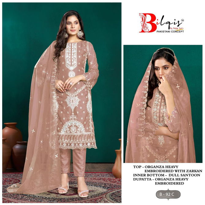 Bilqis B 92 A to D Organza Embroidery Pakistani Suit Wholesale Price In Surat
